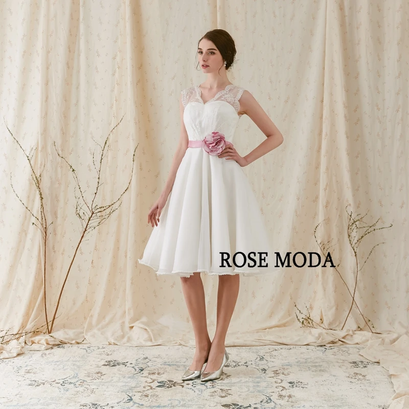 Rose Moda модное Короткое свадебное платье с розовым цветком, v-образным вырезом, длиной до колена, пляжные свадебные платья с кружевной спинкой