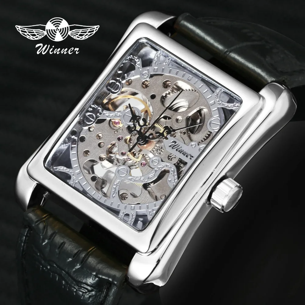 

Top Brand Luxury Couple's Mechanical Watches Leather Strap Skeleton Dial Fashion WINNER Golden Wrist Watches for Men Women