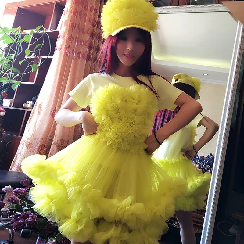 

2019 new autumn and summer women tide Bright yellow 100% cotton T shirt and mesh Splicing one pieces dress ball gown dress