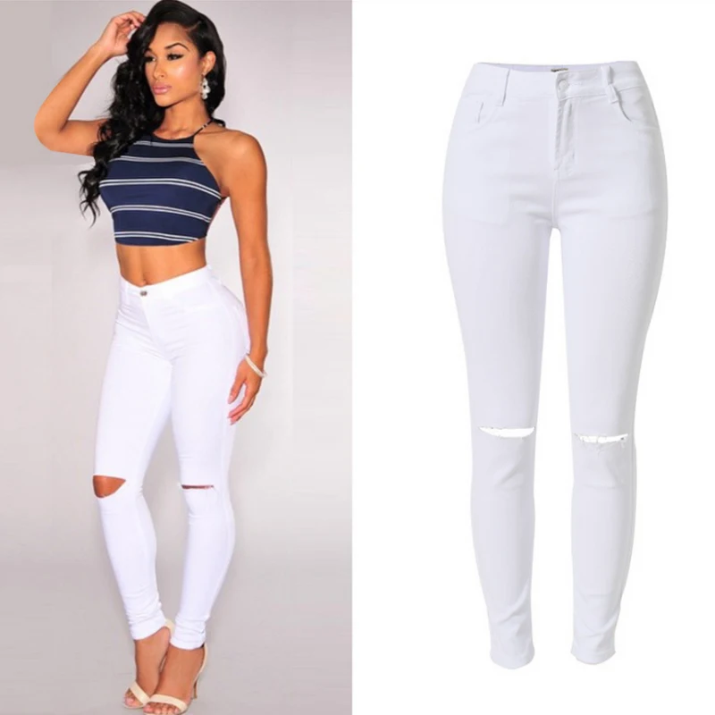 2017 Lápiz Pantalones Mujer Pantalones de Mezclilla Blanco de Cintura Alta  Push Los Pantalones Vaqueros Más Tamaño Pantalones Agujero Skinny Jeans Mujer  Pantalon Femme| | - AliExpress