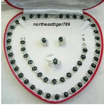 

Hot sale Free Shipping>>Black Agate Beads 18KWGP Crystal Necklace Bracelet Earrings Ring Set