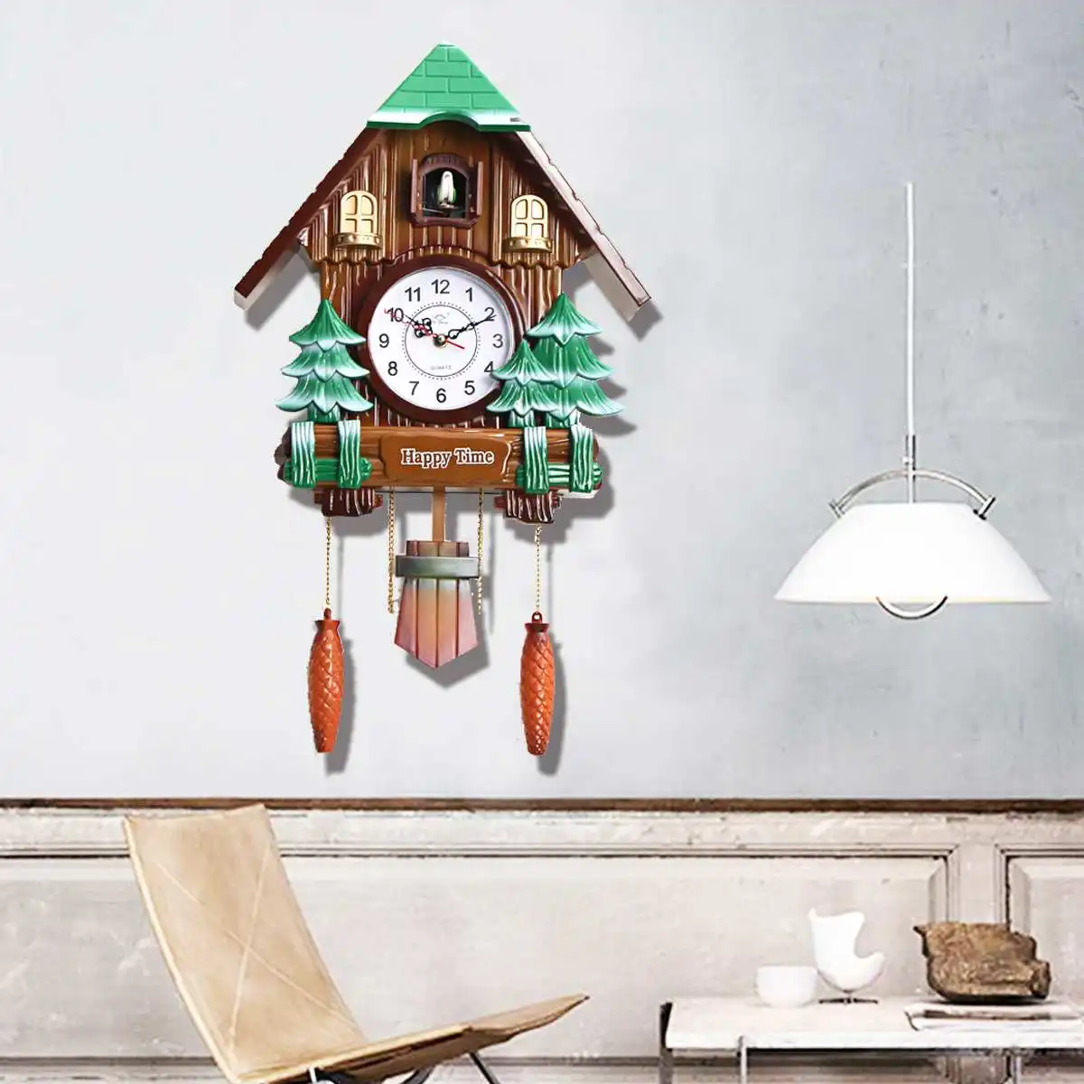 

Large Size Wood Cuckoo Clock Green Hut Swing Living Room Wall Clock Bird Cuckoo Alarm Clock Watch Modern Brief Room Decor