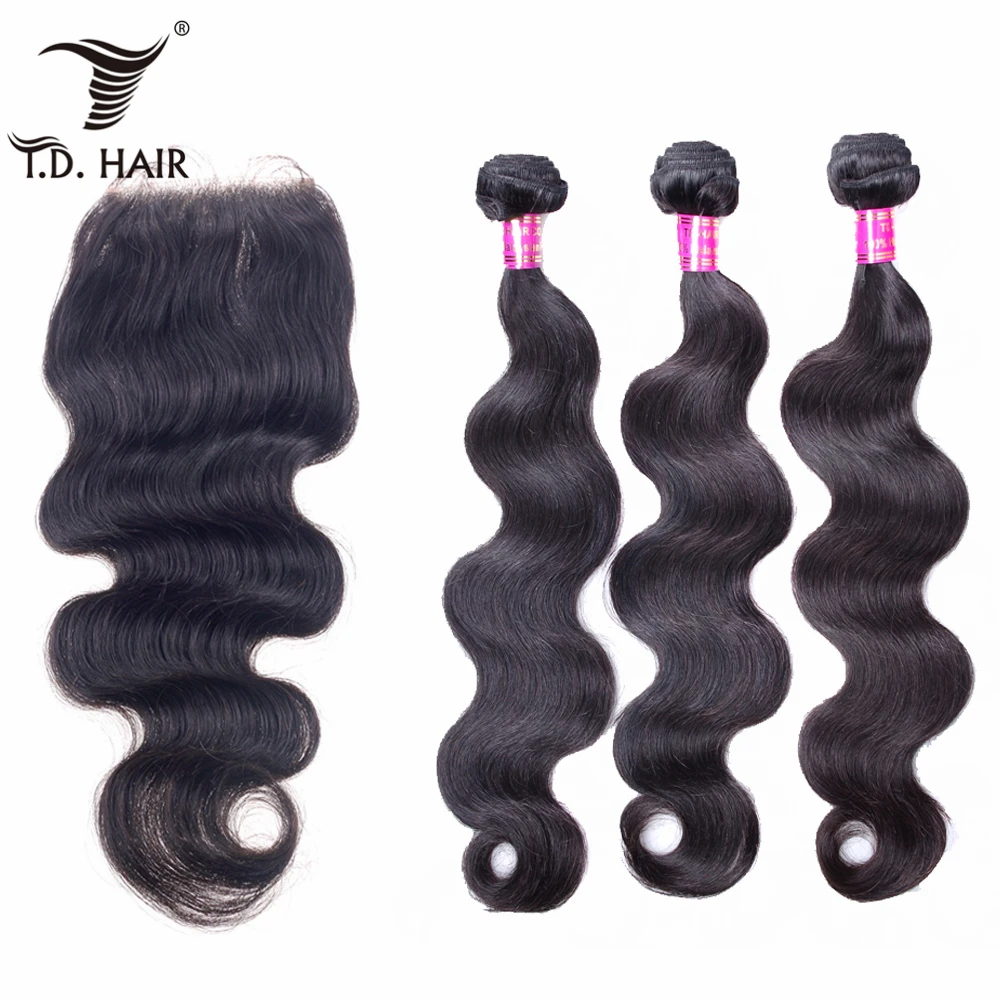 

3pcs Malaysian Remy Body Wave Bundles with 4*4 Lace Closure Human Hair Weaving tdhair