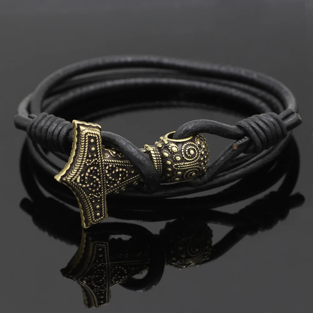 

youe shone Real Leather Brozen Mjolnir Thor hammer Viking Amulet Hammer Scandinavian Norse Bracelet Jewelry