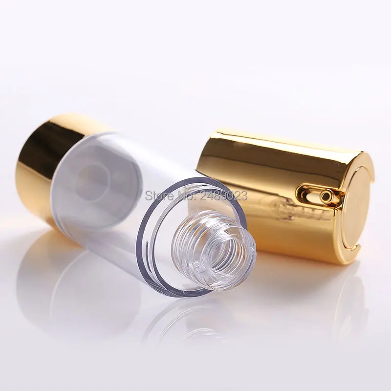 10pcs/lot Gold 15ml 30ml 50ml Airless Pump with Clear Body Bottle By Self Empty Reusable Refillable Diy Skin Care Creations