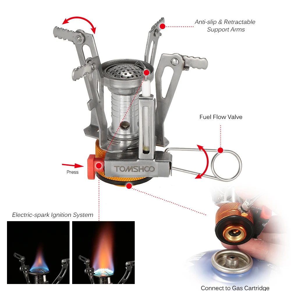 

TOMSHOO Outdoor Mini Foldable Camping Stove + Backpacking Canister Stove Burners Picnic Cooking Stove Connector Adaptor Burners
