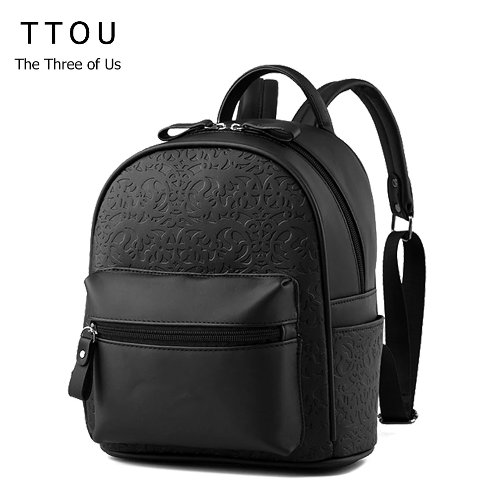 TTOU Black Women Backpack PU Leather Shoulder Bag Fashion College Wind School Bags for Teenagers