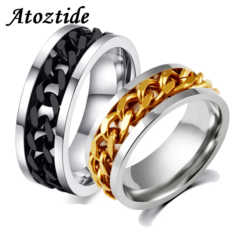 

Atoztide 8mm Punk Titanium Steel Chain Spinner Rings For Men Polished Black Rock Biker Ring Round Wedding Band Party