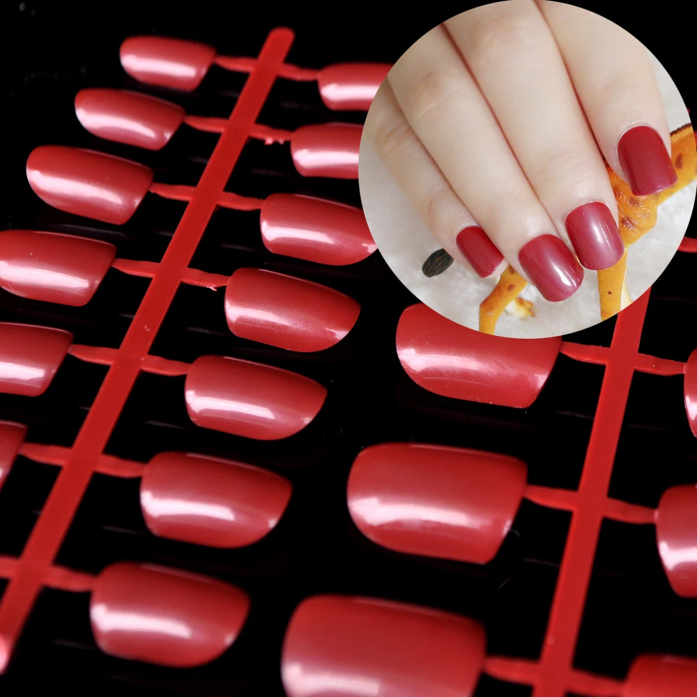 Medium Flat Fake Nails Gorgeous Dark Red Candy False Nail Tips 24pcs ...
