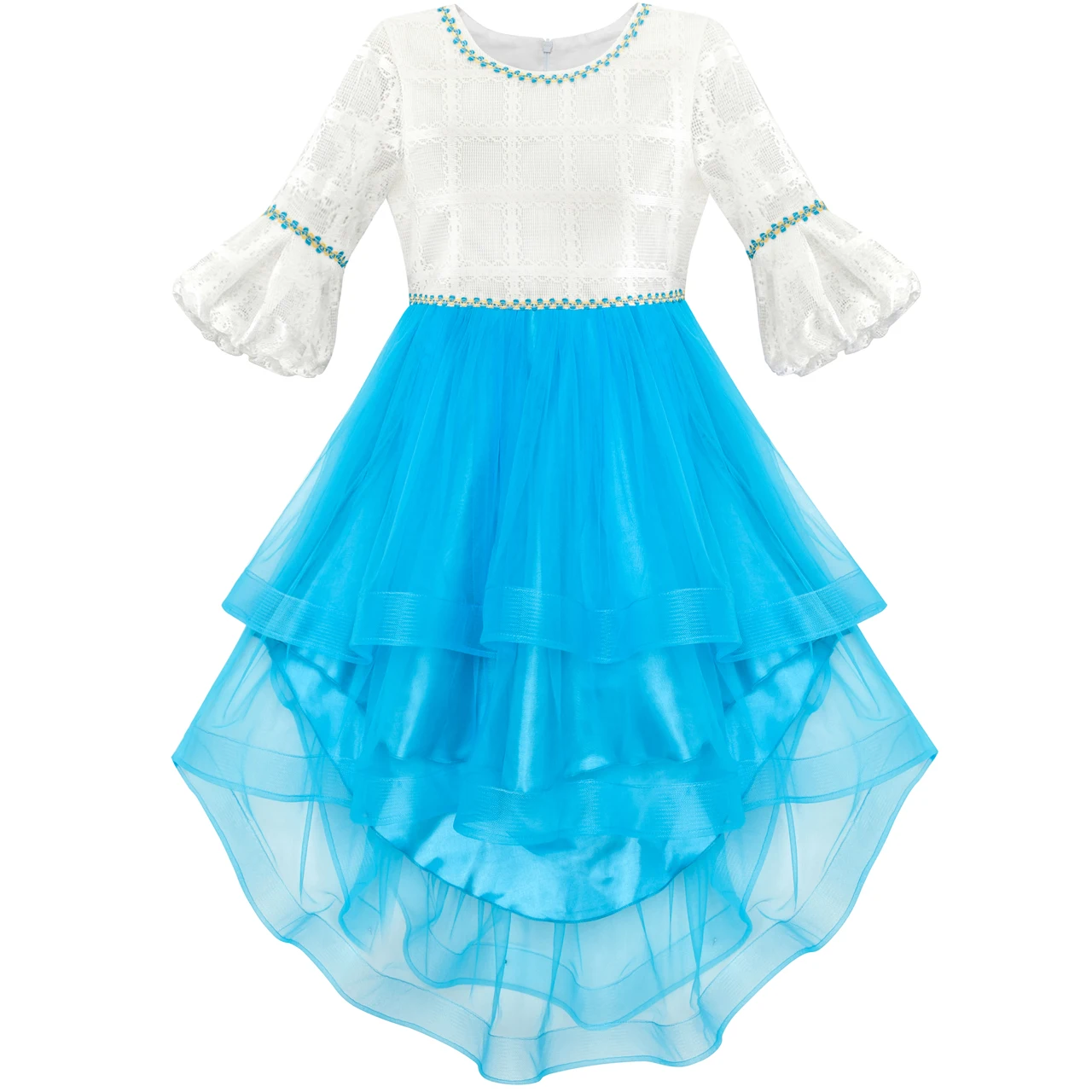 Sunny Fashion Flower Girl Dress White and Blue Hi-Lo Party Dancing Pageant 2018 Summer Princess Wedding Dresses Size 6-14