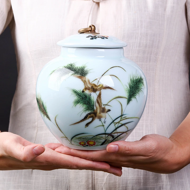 Китайская керамическая Egret большая чайная коробка, фарфоровая герметичная чайная коробка кунг-фу, бутылки и банки для хранения, декоративная ваза