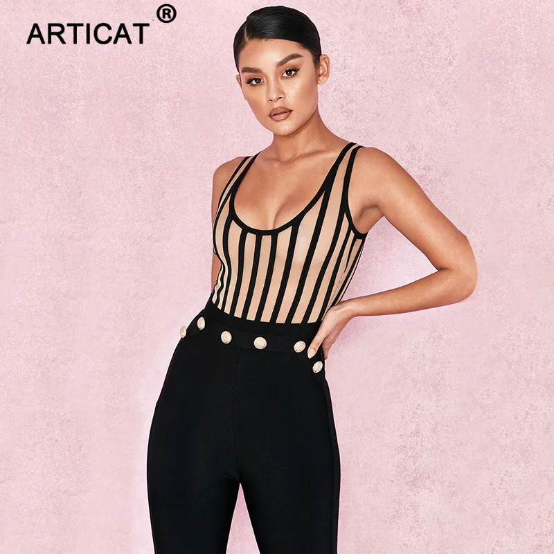 Articat Striped Mesh Sexy Bodysuit Women Sleeveless V Neck Summer Slim Rompers Womens Jumpsuit Black Casual Playsuit Women Tops