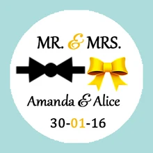 CUSTOM Wedding Sticker -Golden Wedding Favors Personalized MR & MRS labels,Tuxedo Bow and Gold Ribbon,Wedding Sticker