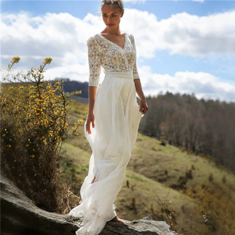 Женское пляжное платье туника Boho белое длинное с кружевом лето 2019|Платья| |