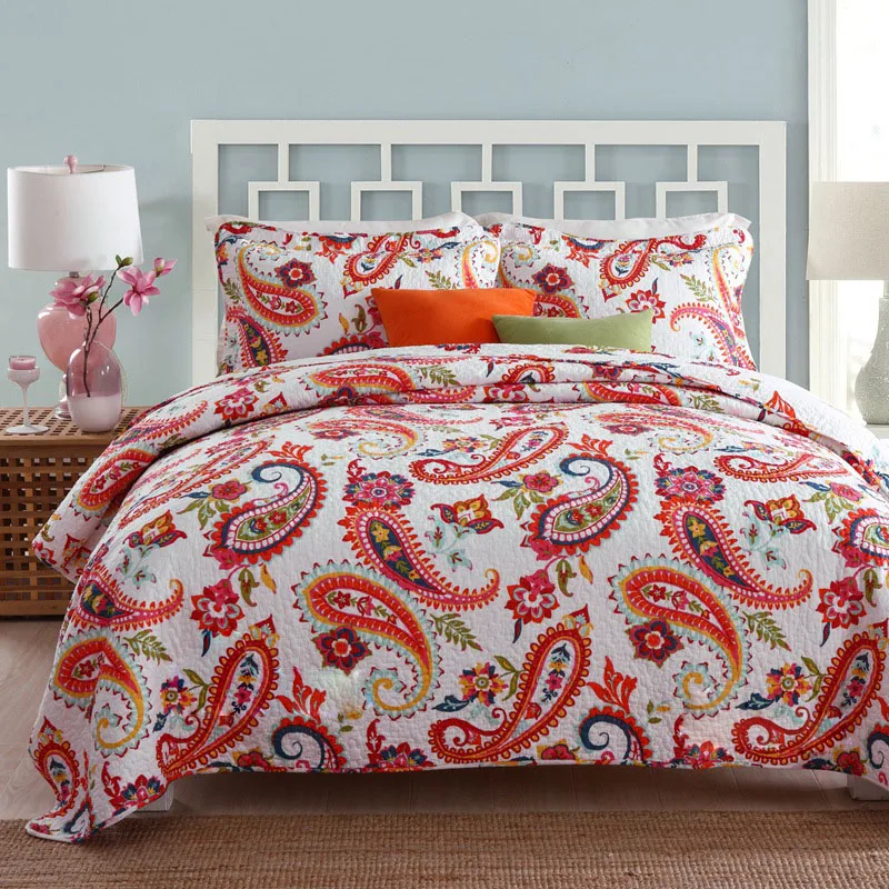 

CHAUSUB Quality Cotton Bedspread Quilt Set 3pcs Coverlet Paisley Print Quilts Quilted Bed Cover Pillowcase King Size Blanket Red