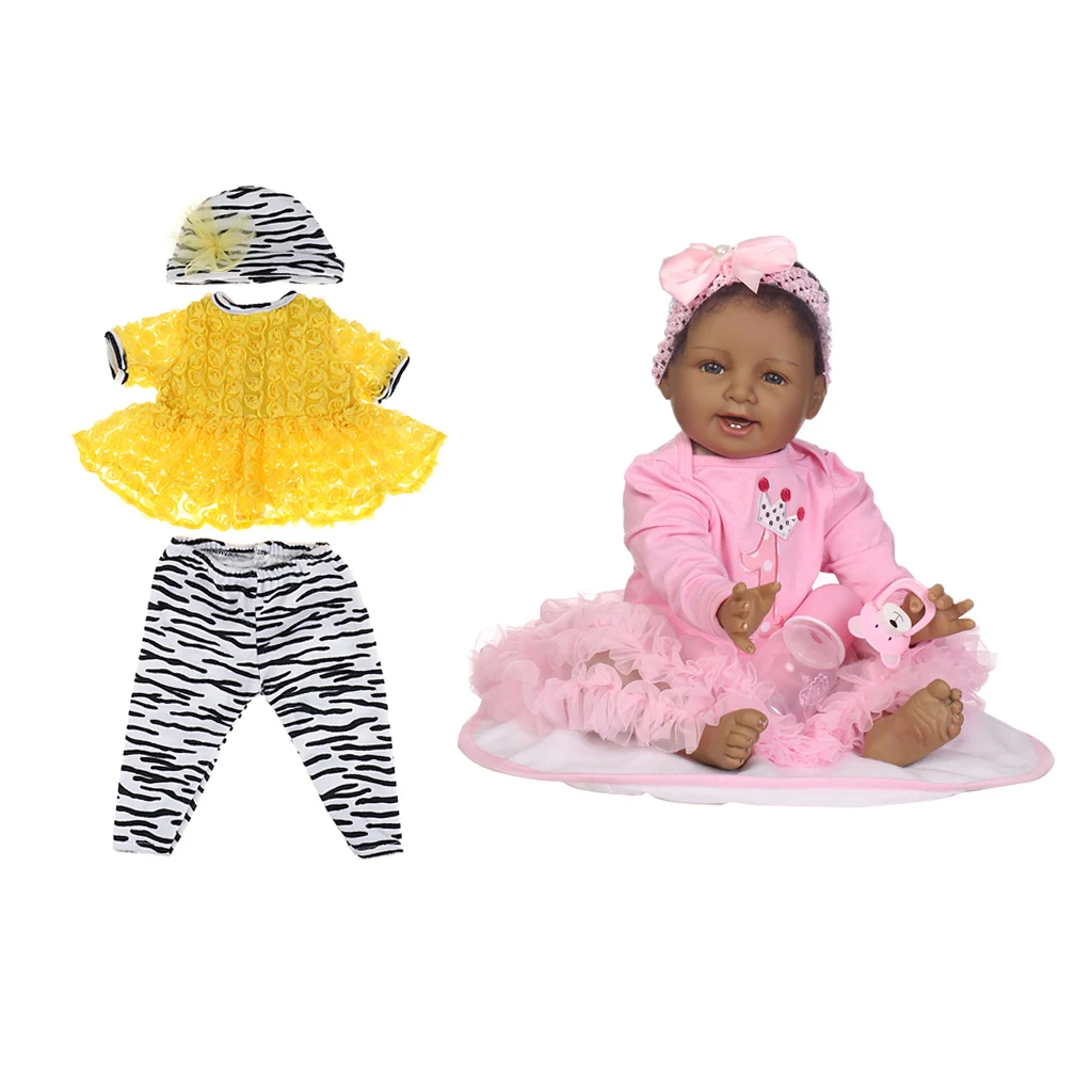 

Real Touch Silicone Black Skin 22inch Reborn Doll African American Baby Doll with Pink Dress Headband & Yellow Top Pants Hat