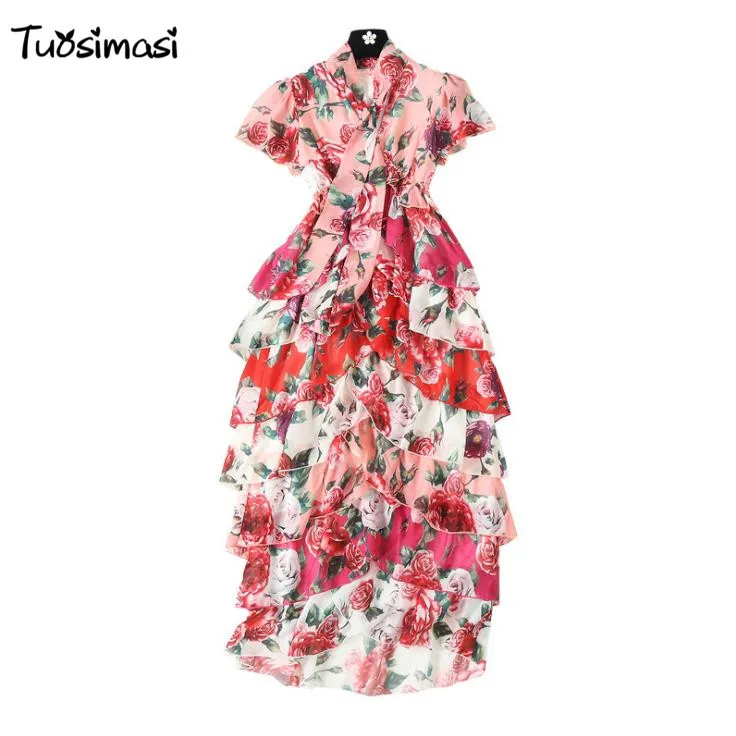 2018 spring summer floral print bow Women long Layered dress (C033) | Женская одежда