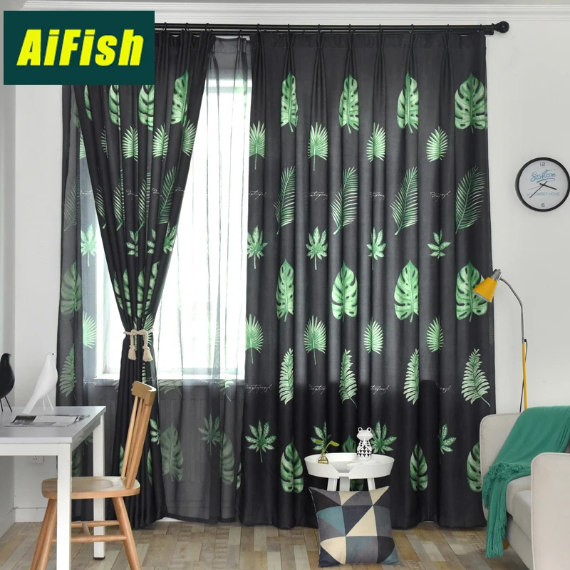 

Modern Tropical Style Plant Leaf Patterned Tulle Curtains for Kids Bedroom Semi Blackout Curtain Drapery for Living Room WP1713