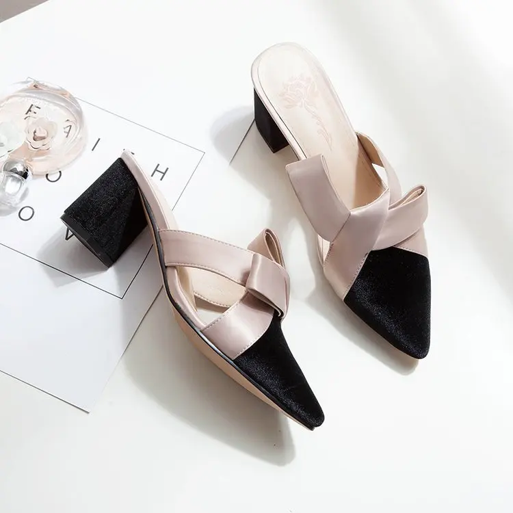 La maxPa/Женская обувь; Шлёпанцы на высоком каблуке 6 см; толстый каблук; острый носок; элегантные туфли без задника с бантиком-бабочкой и вырезами; Размеры 35-39