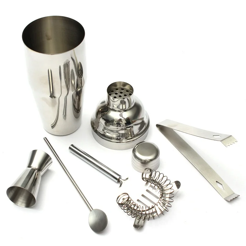 Set 5 Stainless Steel Cocktail 750ml Shaker Jigger Mixer Ice Strainer