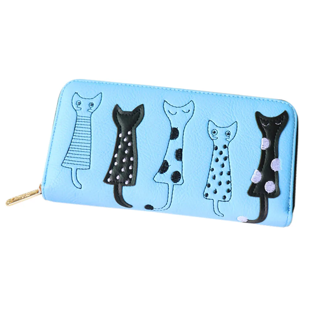 

New Women Cat Cartoon Wallet Long Casual Zip Clutch PU Leather Coin Purse ID Cards Holder WF 668