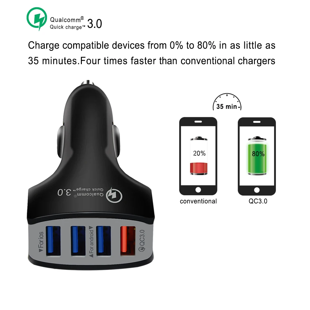 Быстрая зарядка 3,0 автомобиль Зарядное устройство адаптер 7A QC3.0 турбо быстрой зарядки автомобиля-Зарядное устройство 4 зарядных порта USB для автомобиля мобильный телефон Зарядное устройство для мобильного телефона для iPhone 8 7 X