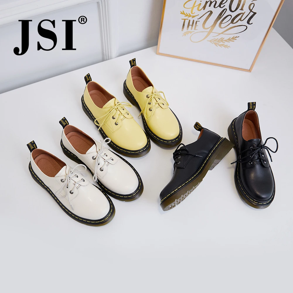 

JSI Casual Flats Yellow Black Round Toe Cow Leather Lace-up Low Heel Shoes Woman Quality Handmade Comfortable Flats Girl JO17
