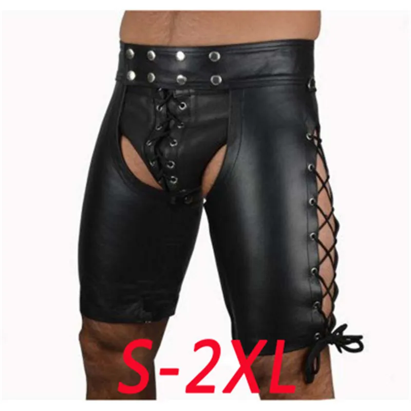 

Plus Size S-XXL Sexy Tight Black PU Leather Shorts Men Lace-Up Bondage Jockstrap Lingerie Open Butt Fetish Gay Boxers Panties