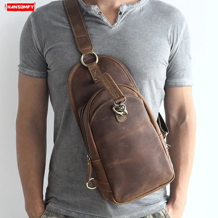 Men's Vintage Genuine Cow Leather Messenger Shoulder Bag Chest Bag Purse Brown 