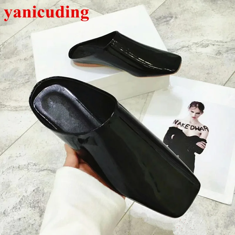 

Square Toe Women Flats Patent Leather Stylish Women Spring Autumn Brand Shoe Fashion Slipper Black Yellow Red White Color Slides