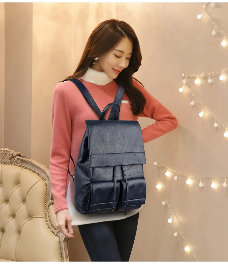 MJ Women Leather Backpack Solid PU Leather Travel Bag Branded Design Female Large School Bag for Girls High Capacity Drawstring (4)