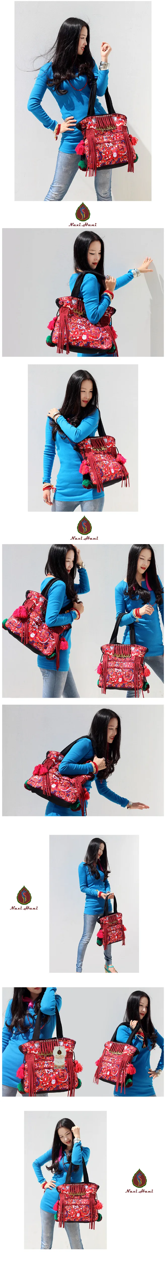 Горячая Naxi. Hani дизайн ручной работы кисточкой помпон Этническая вышивка сумки на плечо Модные Винтажные холщовые женские сумки