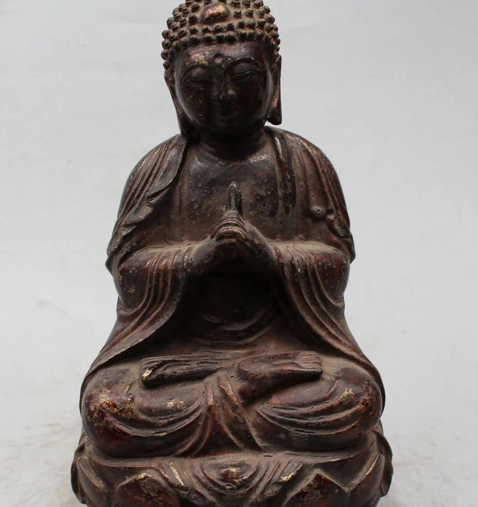 

11"Old China Buddhism Wood carve Stand Shakyamuni Sakyamuni Buddha Statue