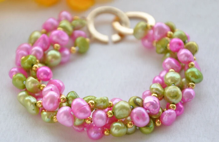 

free shipping 08716 4row pink green baroque FRESHWATER CULTURED pearl BRACELET
