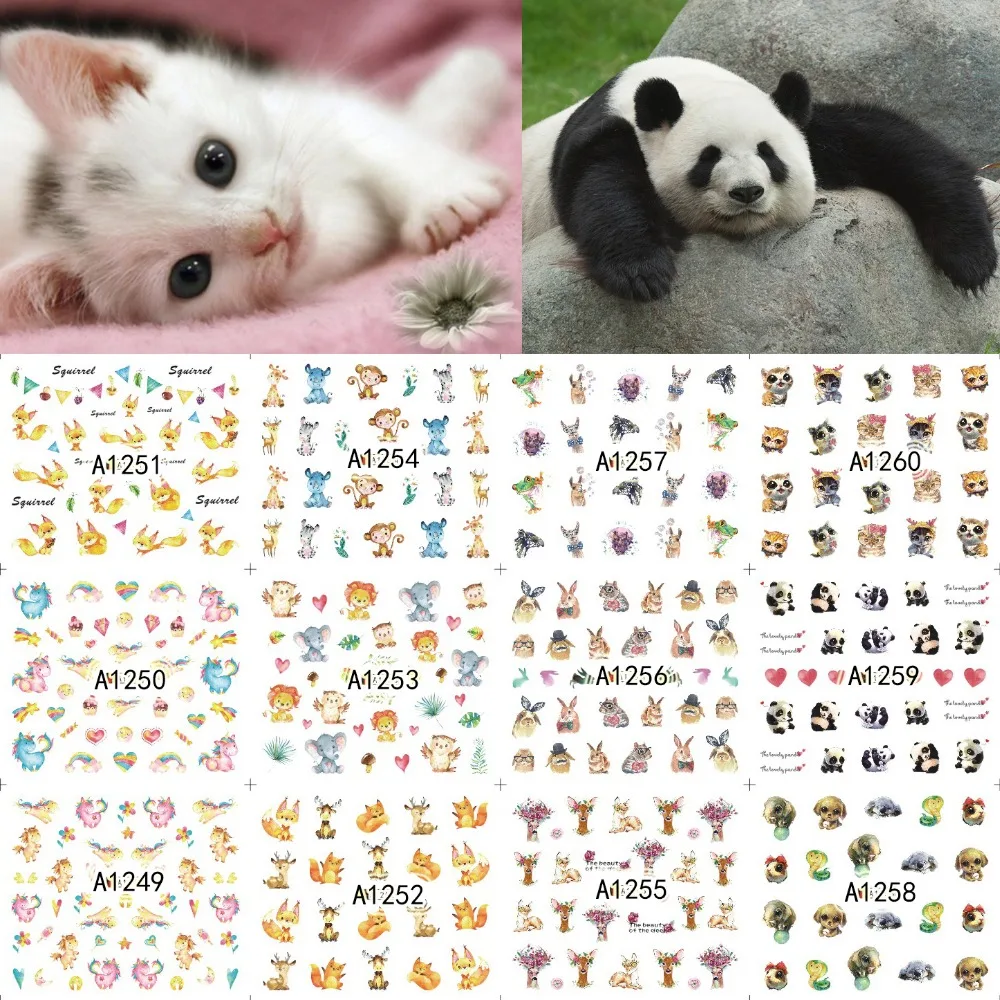 

12 Sheets Nail Art Water Transfer Sticker Decals Cartoon Cute Animal Fox Panda Unicorn Stickers Wrap Tips Decoration A1249-1260
