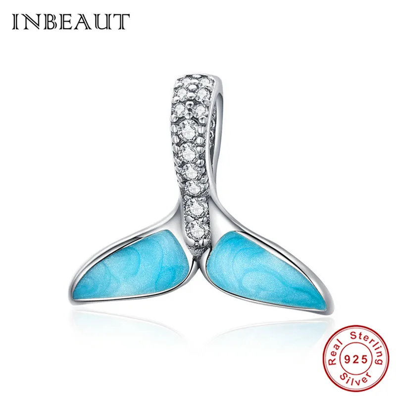 

INBEAUT Original 100% 925 Serling Silver White CZ Blue Crystal Mermaid Beads Deep Ocean Fish Tail Charm fit Pandora Bracelet