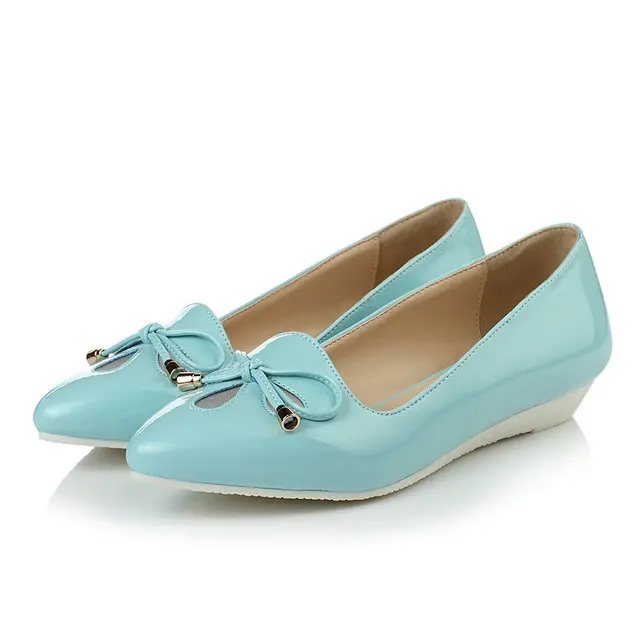 

Princess Style Ladies Summer Shoes PU Leather Woman Wedge Low Heel Women Pump Slip On Bow Tie Red Female Shoes Size 34-43