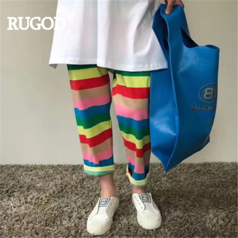 

RUGOD Women pants rainbow casual 2019 new pantalones mujer striped drawstring vibrant playful pants fashion female women