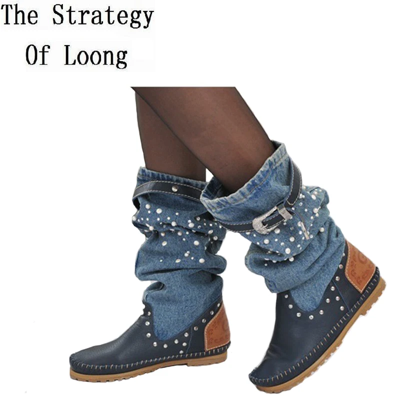 

Women Spring Autumn Flats Denim Genuine Leather Buckle Pearl Knee High Boots Lady 2017 New Fashion Jean Long Boots