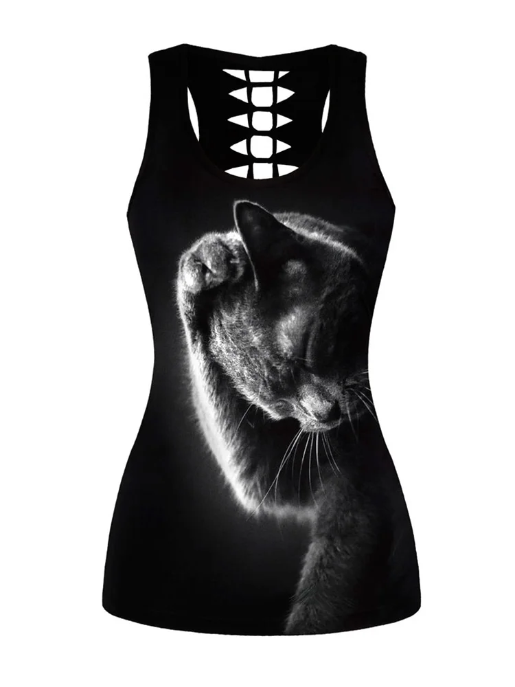 

New Women Summer 3D Vests The Cat Moon Cartoon Print Camisole Sexy Hollow Out Punk Tank Tops haut femme