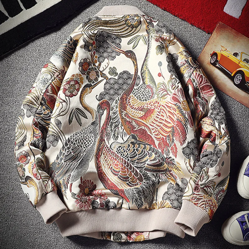 Japan Style Mens Floral & Crane Embroidery Bomber Jacket Stand Collar Men Streetwear College Baseball Jackets Autumn Coat Japan Style Mens Floral & Crane Embroidery Bomber Jacket Stand Collar Men Streetwear College Baseball Jackets Autumn Coat