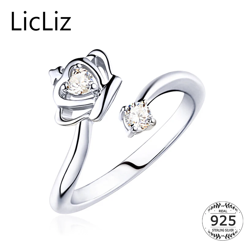 

LicLiz 925 Sterling Silver Crown Ring For Women Hollow Cubic Zirconia Heart Rings Solitaire Cross Adjustable Ring Bague LR0430