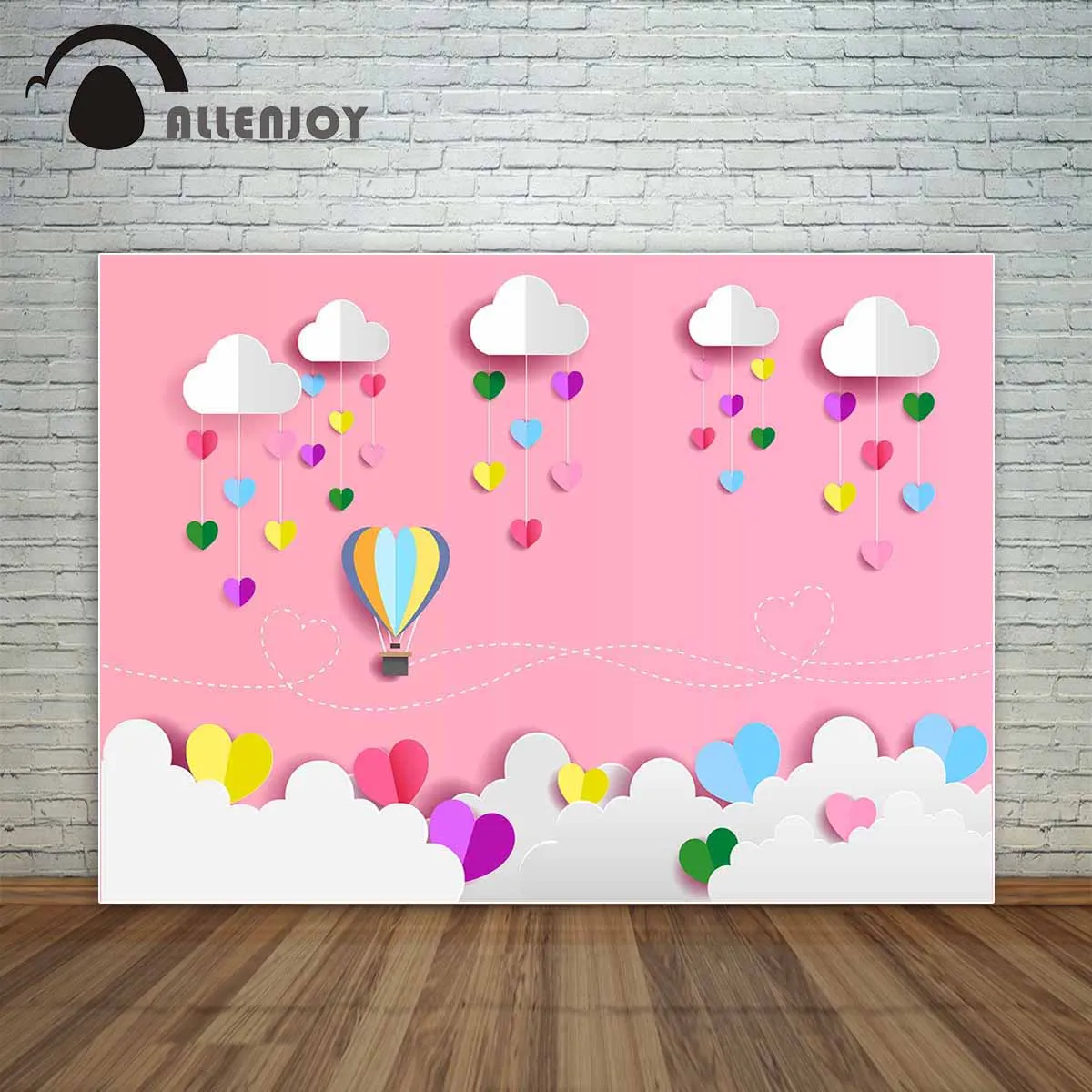 

Allenjoy Pink background with Colorful love hearts and hot air balloon for kids for Valentine's Day photocall for a photo shoot