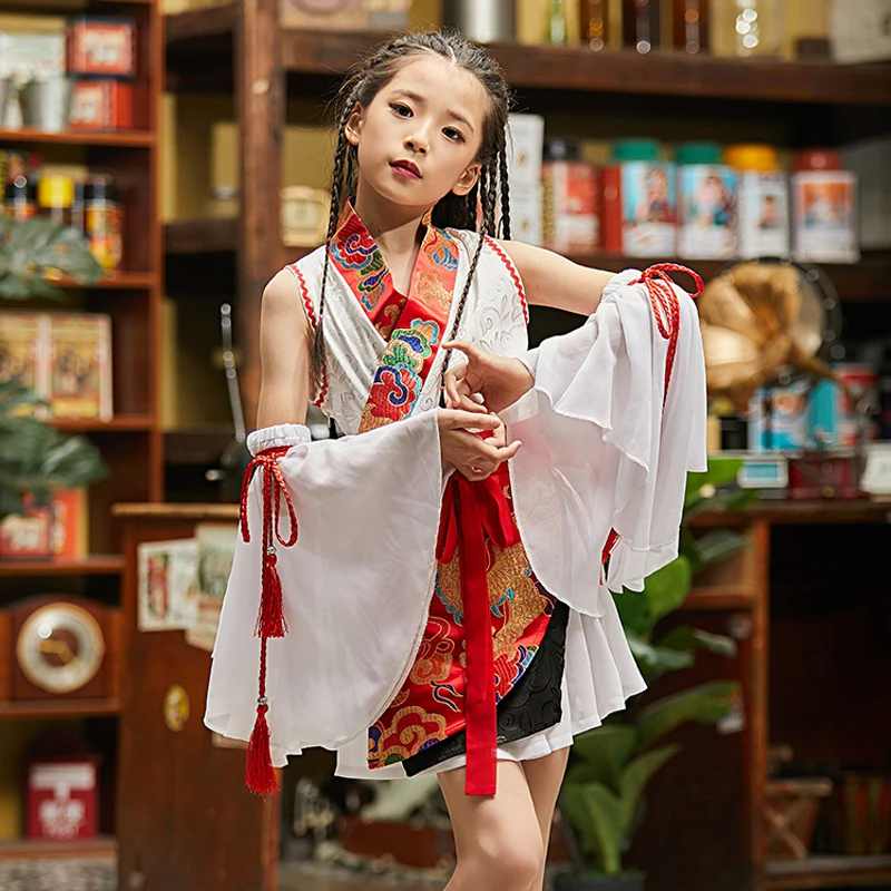 

New Girls Hanfu Costume Chinese Style Summer Dress Kids Catwalk Fashion Children Costume Chinese Folk Dance/Jazz Costume DQL1253