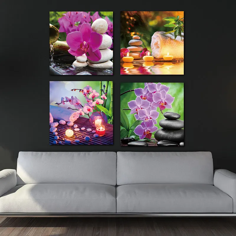 

Wall Art Canvas Painting home decorZen Art Decor SPA Stone Green Bamboo Pink Waterlily Pictures 4 Panels posters and prints
