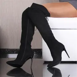 2019 Для женщин черная замша шпильках сапоги выше колена пикантные туфли с острым носком сапоги до бедра на шнуровке Обувь для торжеств на