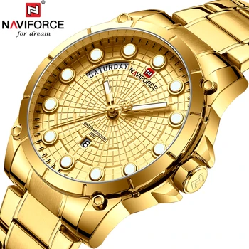 

NAVIFORCE Top Luxury Brand Mens Gold Stainless Steel Watches Men Analog Quartz Wristwatch Fashion Business Watch Male Clock