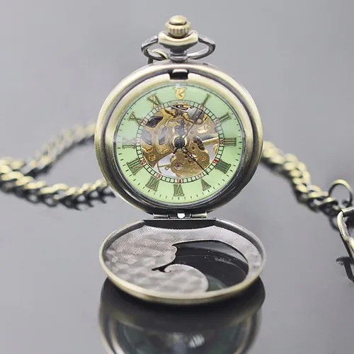 Унисекс Винтаж римскими цифрами прозрачным циферблатом обмотки Механические карманные часы