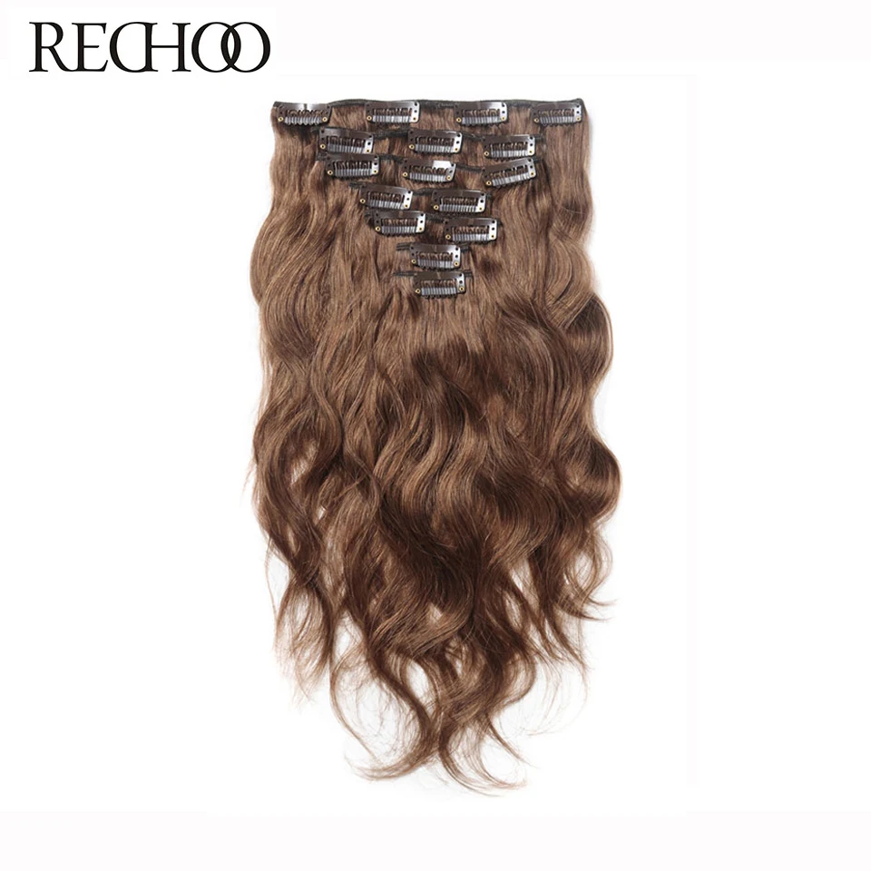 Rechoo Body Wave Human Hair Clip In Extensions Full Head Set 16-26 Inches Peruvian Non-remy Hair Clips 7 Pcs Brown 100 Gram body-wave