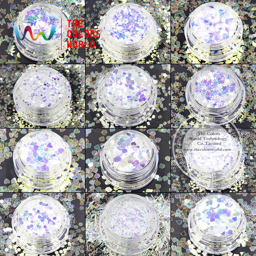 

TCT-006 Rainbow White with Bule Colors Ten kinds of shape Four sizes Glitter for nail art nail gel,makeup and DIY decoration
